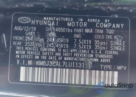2020 Hyundai Tucson Sport from USA, damaged, VIN KM8J3CAL7LU113118